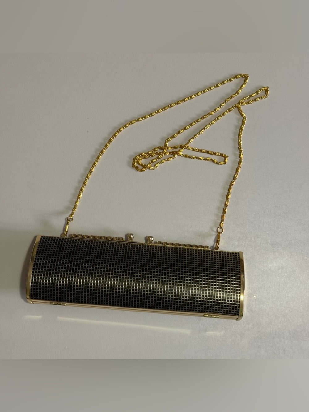 Gold and Black Cylinder Crossbody Clutch with Rhinestones. - Picture 5 of 9
